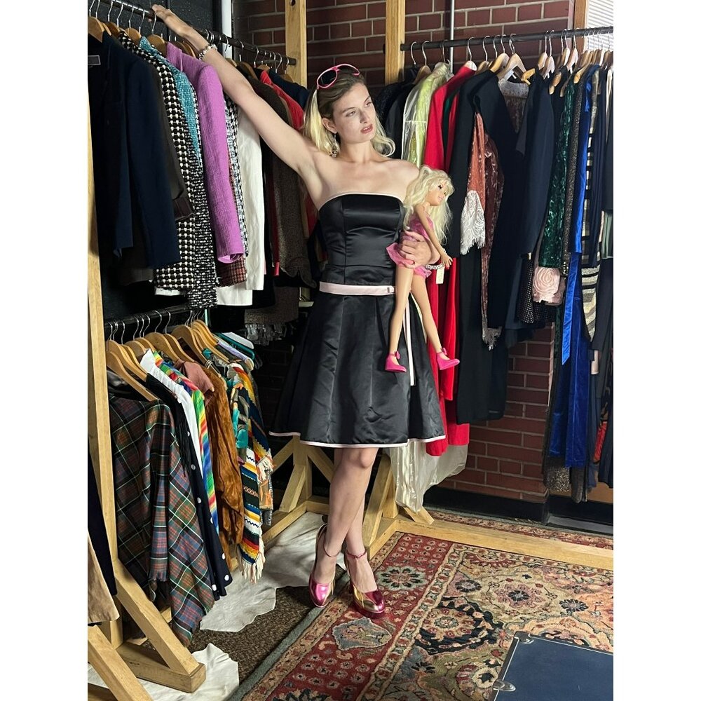 Jessica McClintock for Gunne Sax Black Pink Strapless A-line Dress With Bow Deta